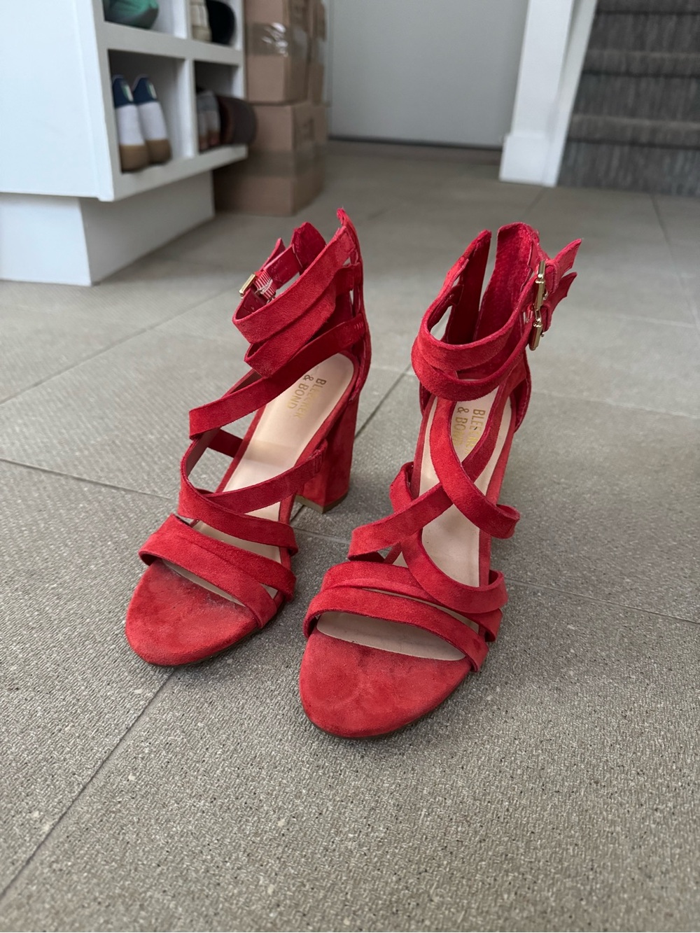 Red Strappy Suede Block Heel Sandals